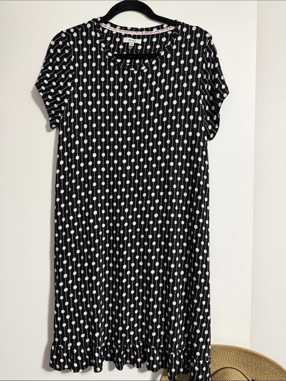 Kensie M Super Lightweight Soft Knit Polka Dot Ruffle Hem Dress Side Pockets EUC